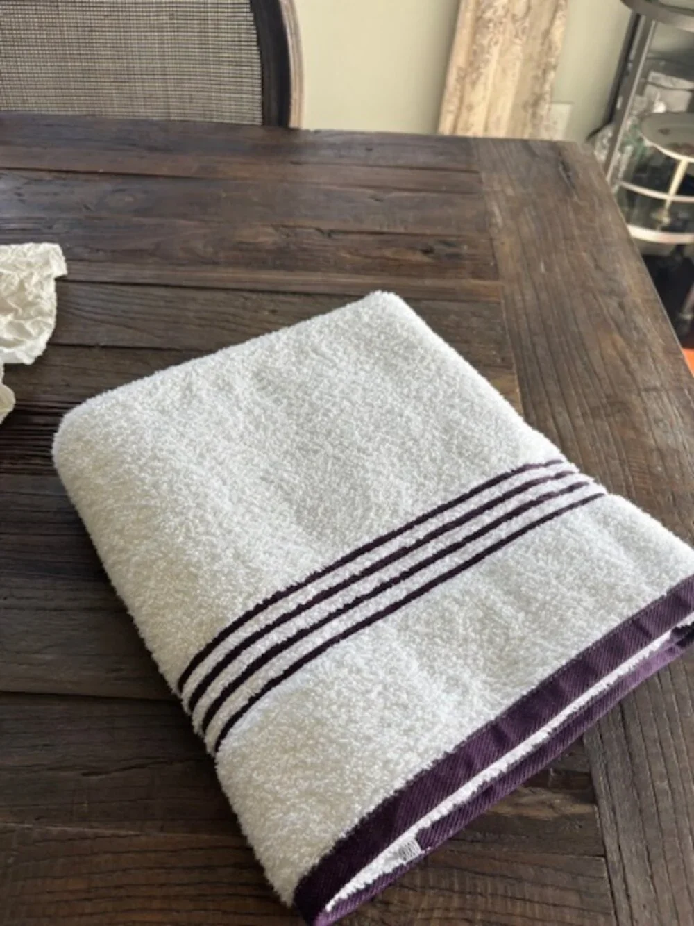 100% Cotton White Towel with Purple Stripes - REDUCED!